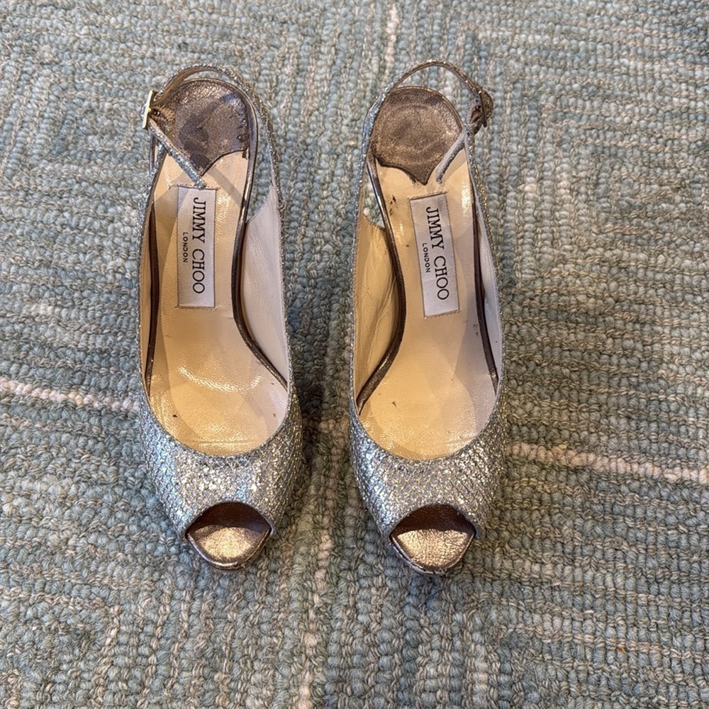 Jimmy Choo Sparkly Silver Heels - Picture 2 of 15